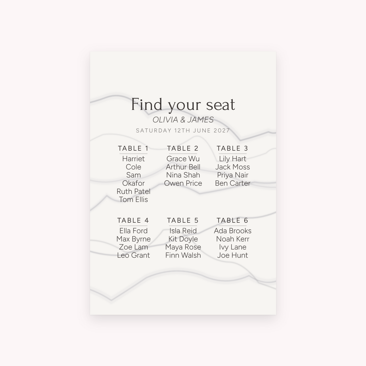 Marble seating plan, shown with the sample names Olivia & James