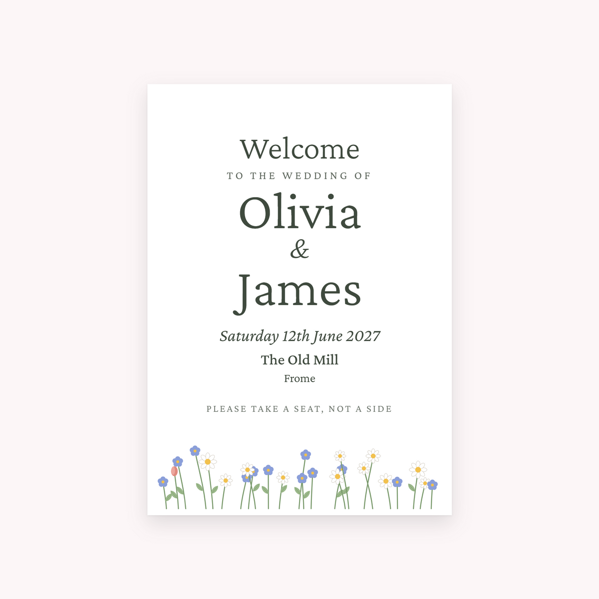 Meadow A1 sign, shown with the sample names Olivia & James