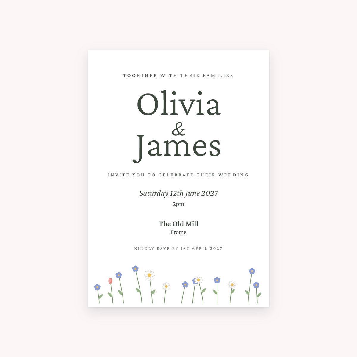 Meadow invitation, shown with the sample names Olivia & James