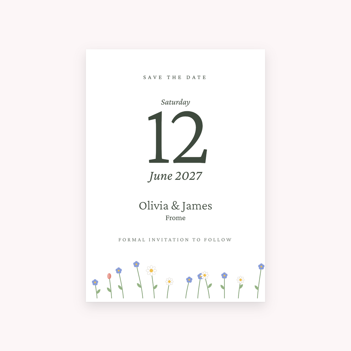 Meadow save the date, shown with the sample names Olivia & James