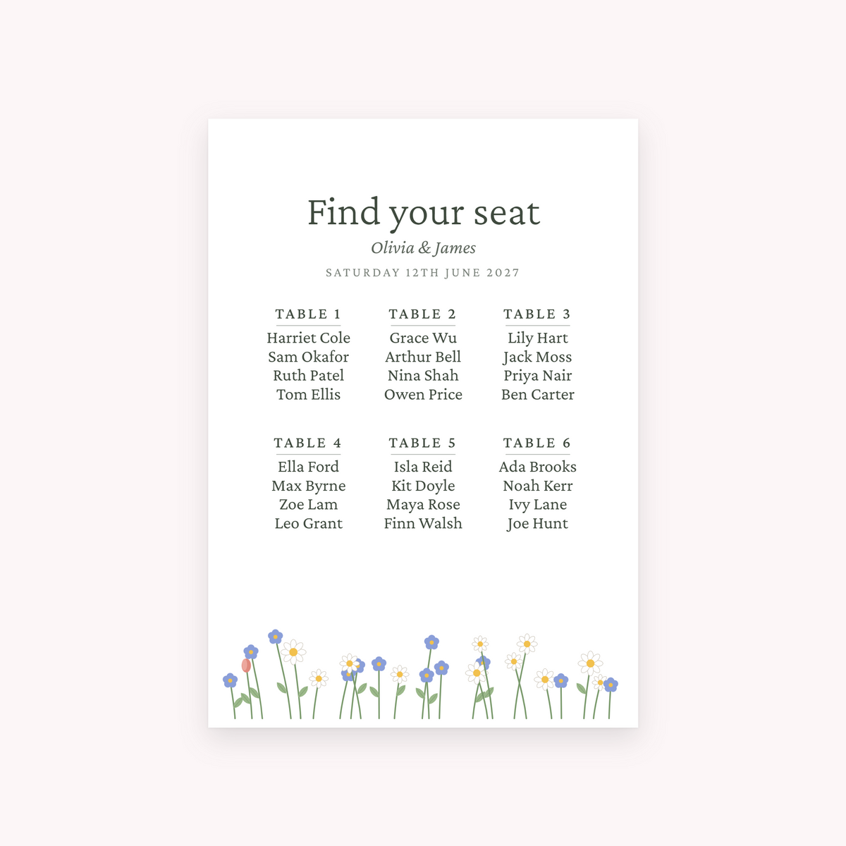 Meadow seating plan, shown with the sample names Olivia & James