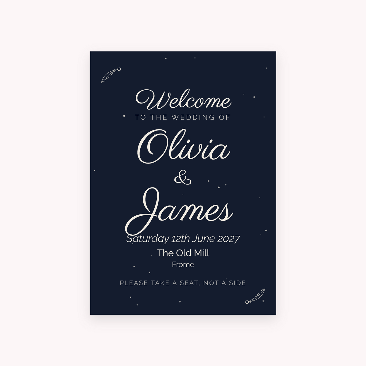 Midnight A1 sign, shown with the sample names Olivia & James