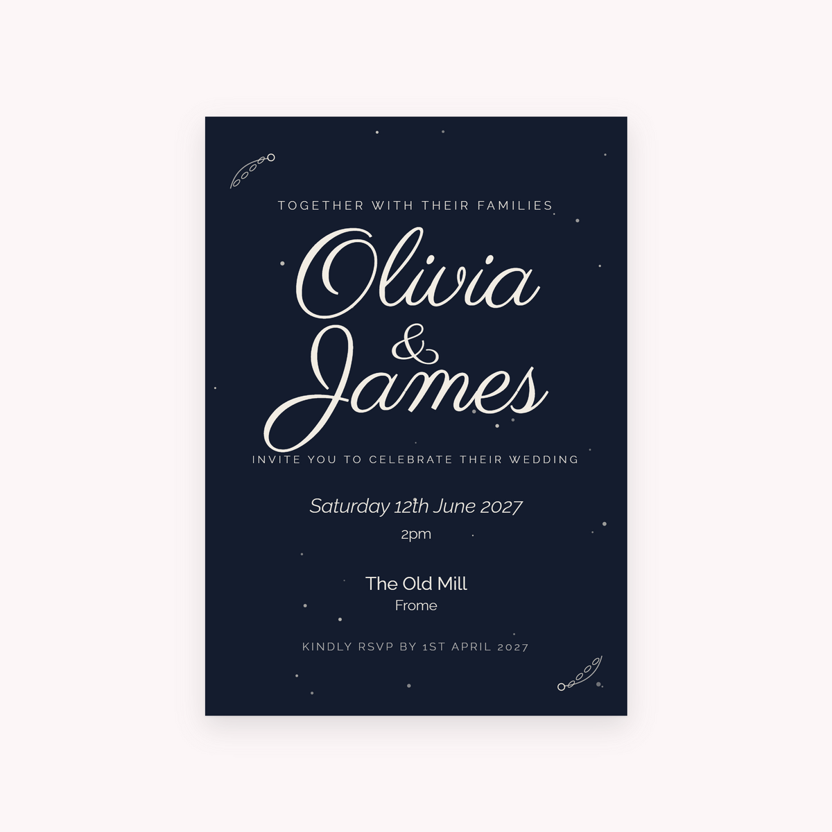 Midnight invitation, shown with the sample names Olivia & James