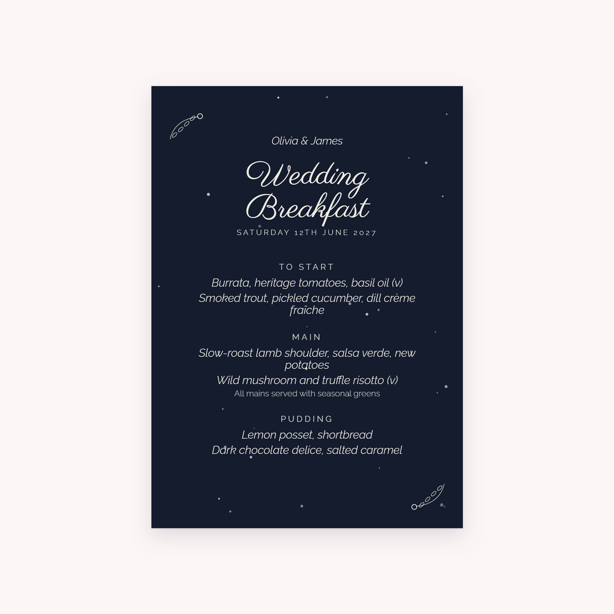 Midnight menu, shown with the sample names Olivia & James