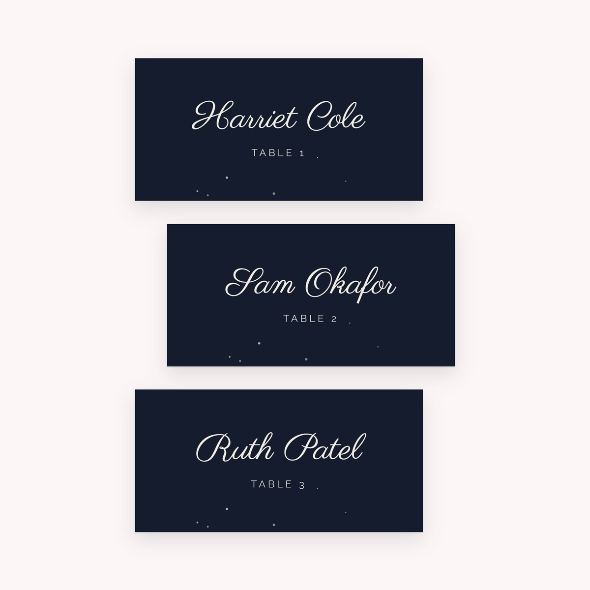 Midnight place cards, shown with the sample names Olivia & James