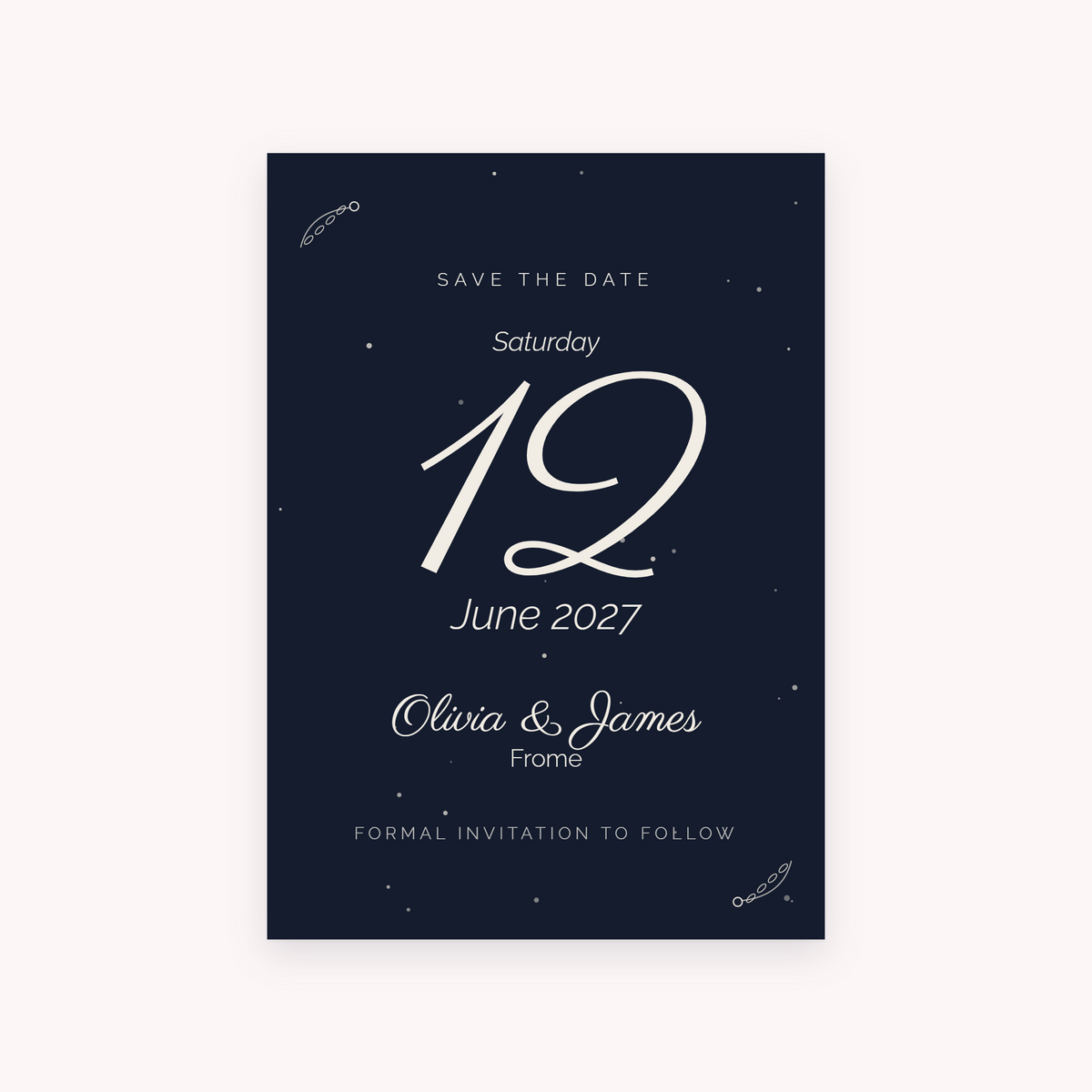 Midnight save the date, shown with the sample names Olivia & James
