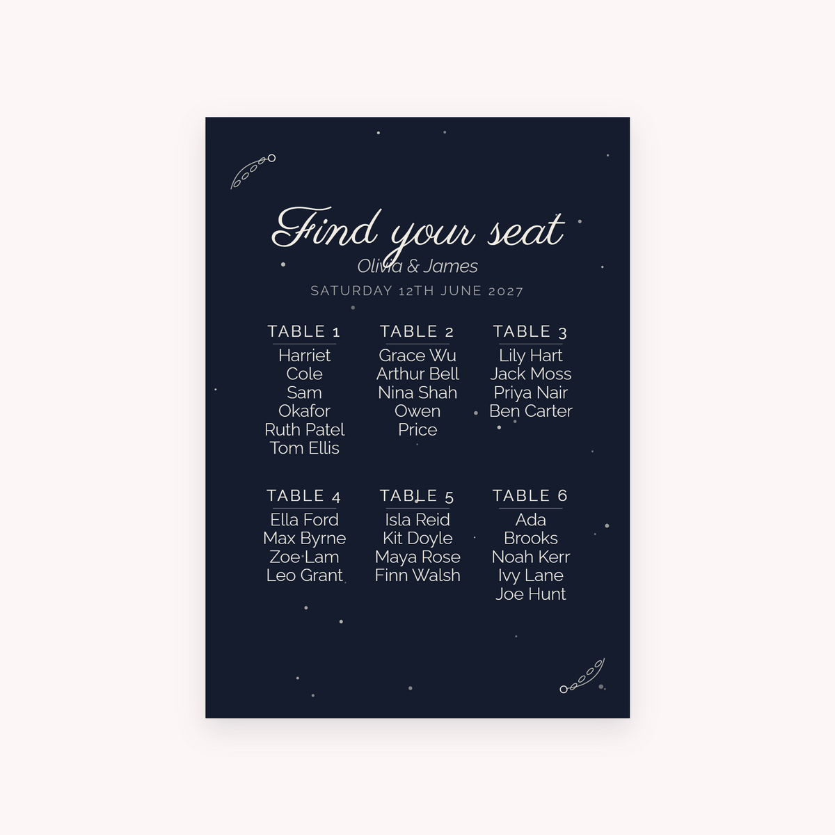 Midnight seating plan, shown with the sample names Olivia & James