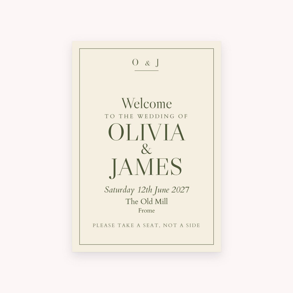 Old Money A1 sign, shown with the sample names Olivia & James