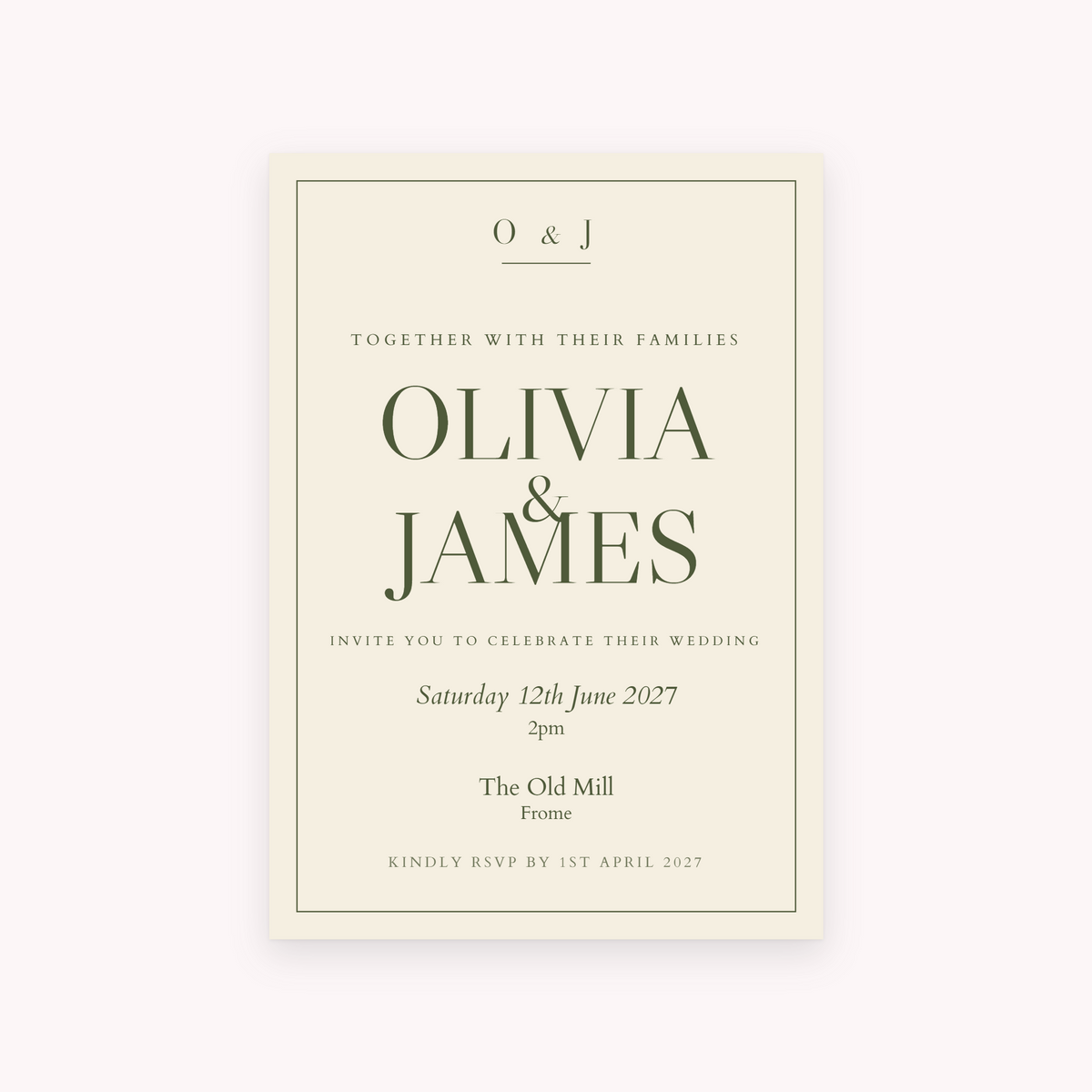 Old Money invitation, shown with the sample names Olivia & James