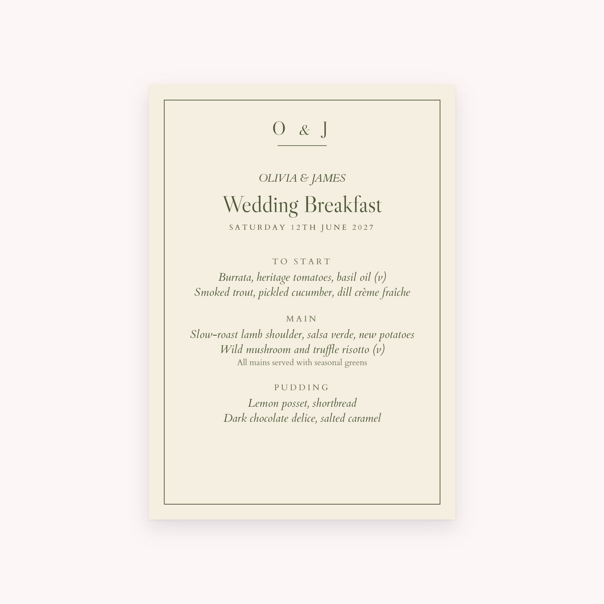 Old Money menu, shown with the sample names Olivia & James