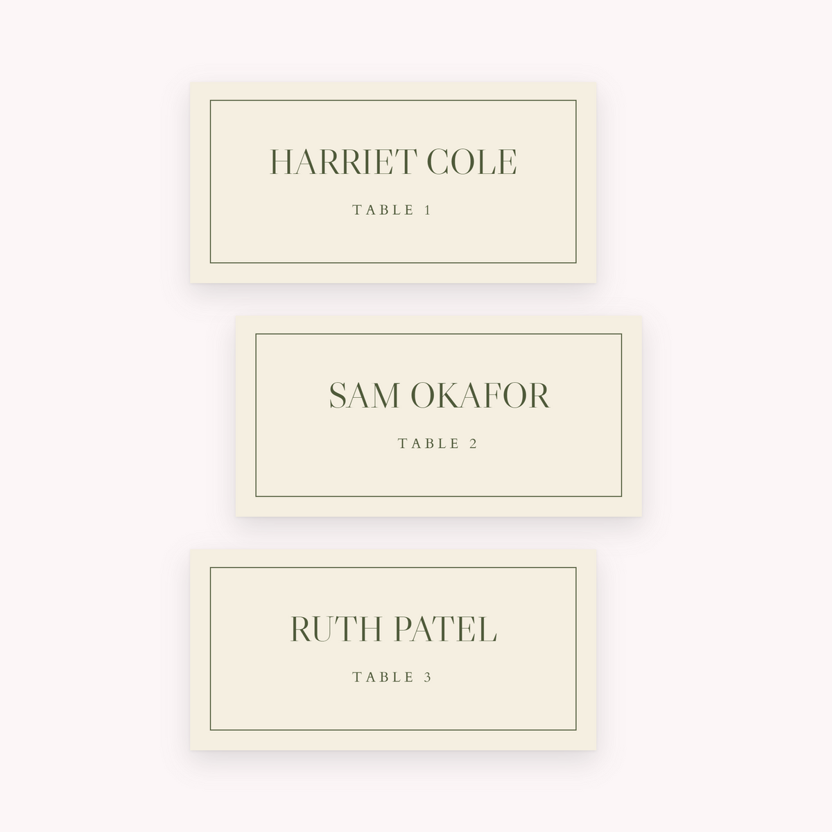 Old Money place cards, shown with the sample names Olivia & James