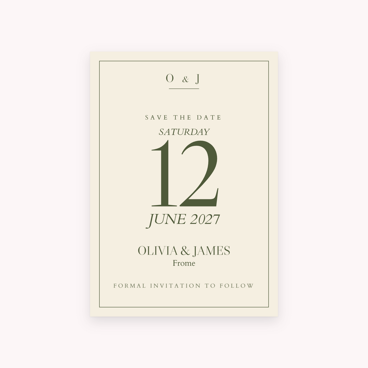 Old Money save the date, shown with the sample names Olivia & James