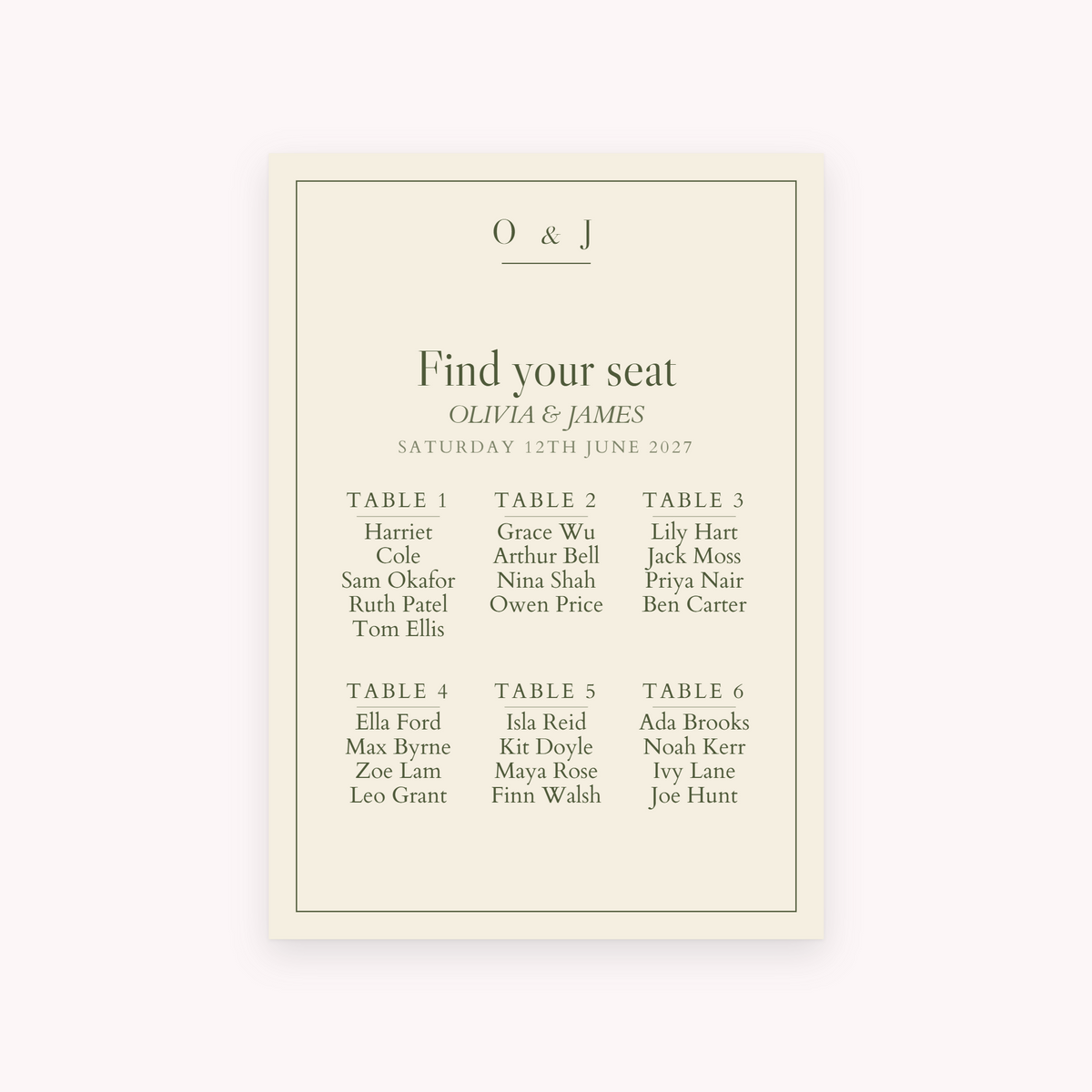 Old Money seating plan, shown with the sample names Olivia & James