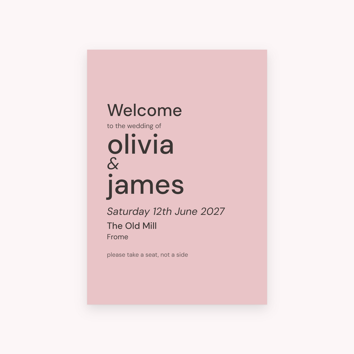 Proof A1 sign, shown with the sample names Olivia & James