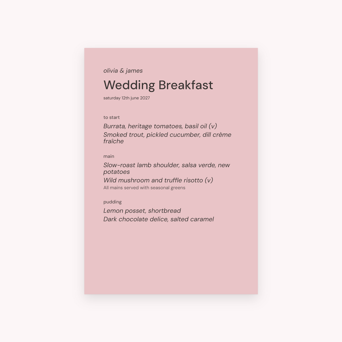 Proof menu, shown with the sample names Olivia & James