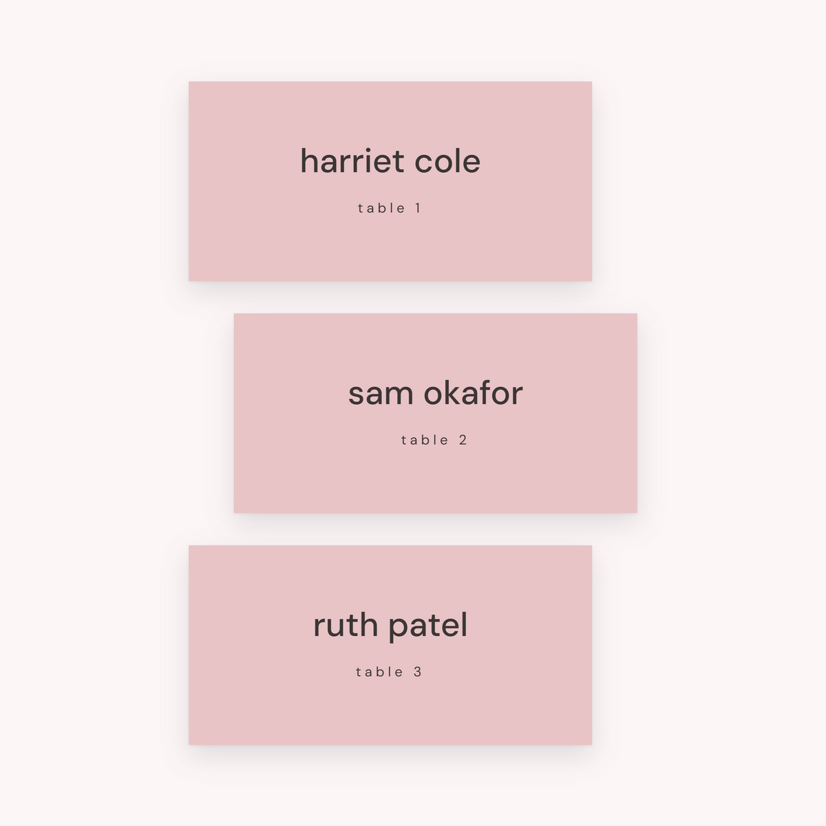 Proof place cards, shown with the sample names Olivia & James