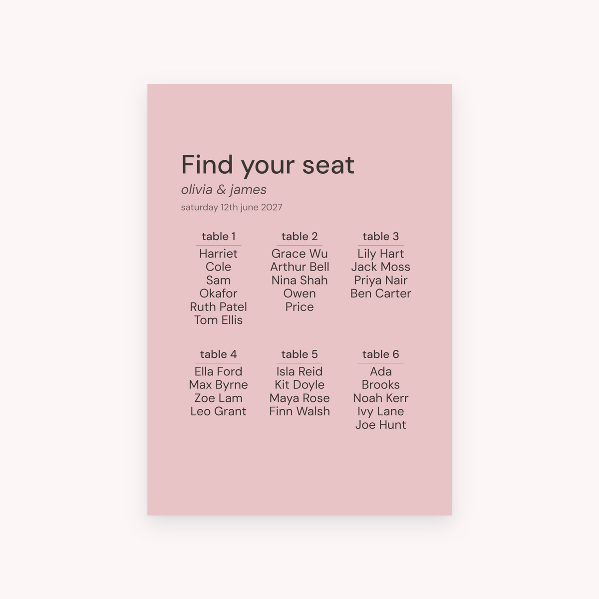 Proof seating plan, shown with the sample names Olivia & James
