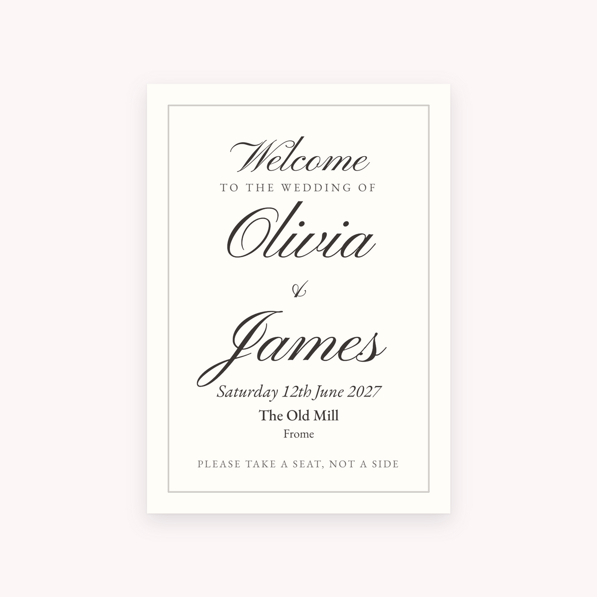 Quire A1 sign, shown with the sample names Olivia & James