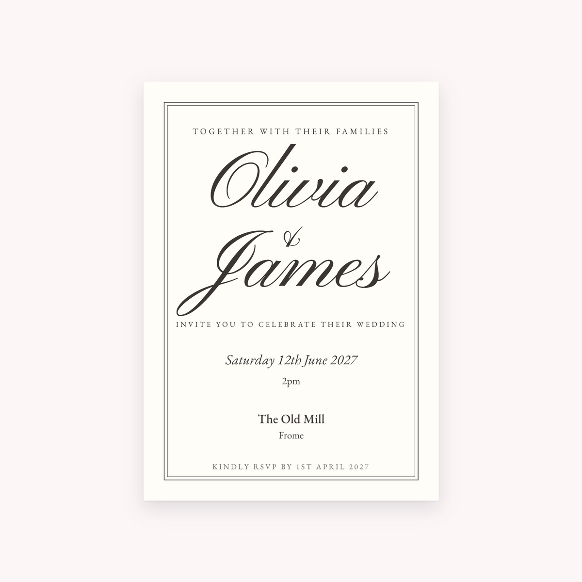 Quire invitation, shown with the sample names Olivia & James