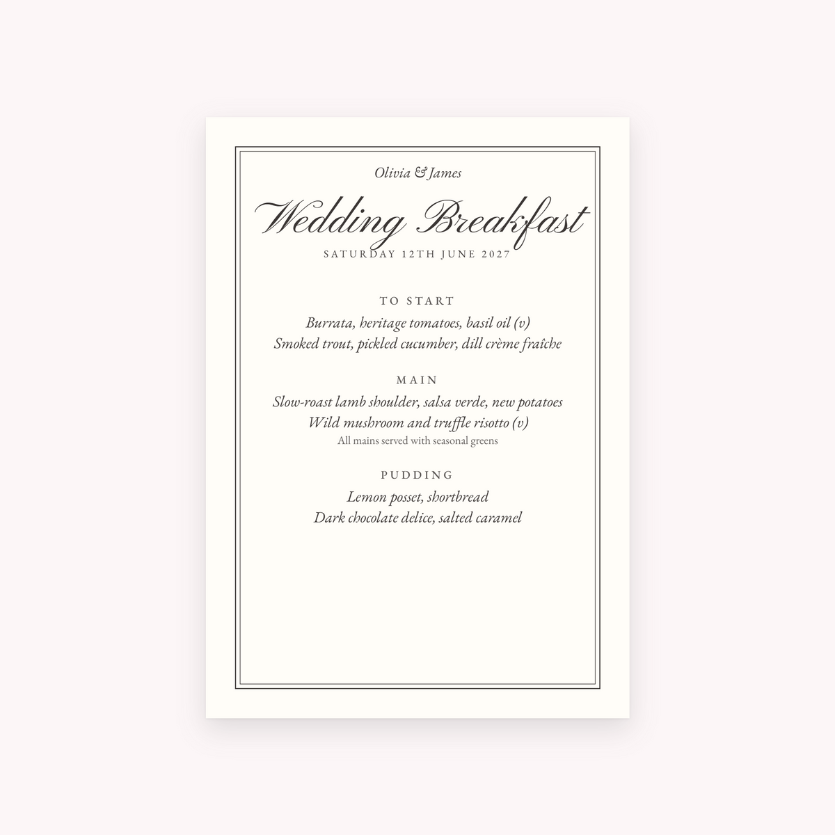 Quire menu, shown with the sample names Olivia & James
