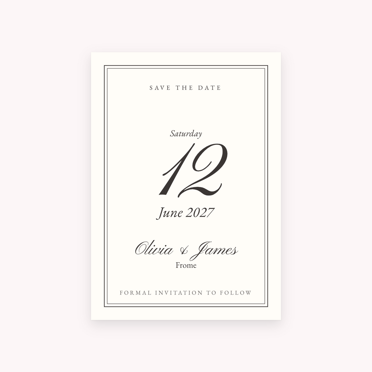 Quire save the date, shown with the sample names Olivia & James