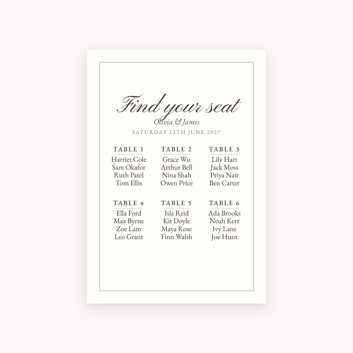 Quire seating plan, shown with the sample names Olivia & James