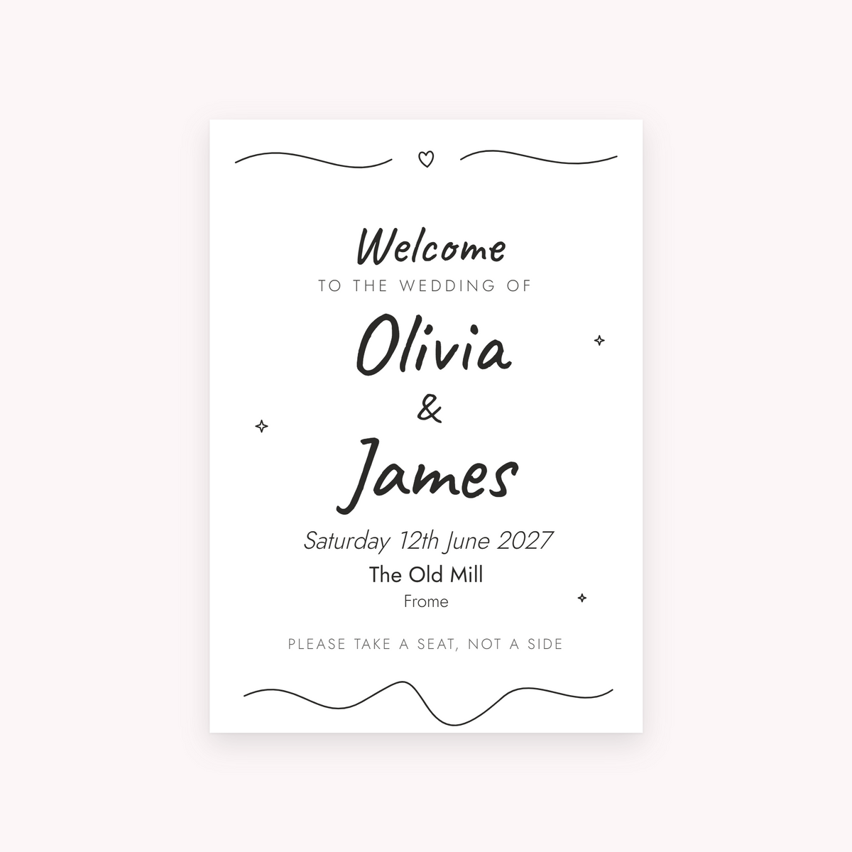 Scribble A1 sign, shown with the sample names Olivia & James