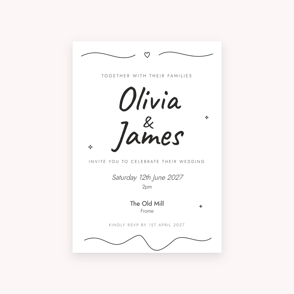 Scribble invitation, shown with the sample names Olivia & James