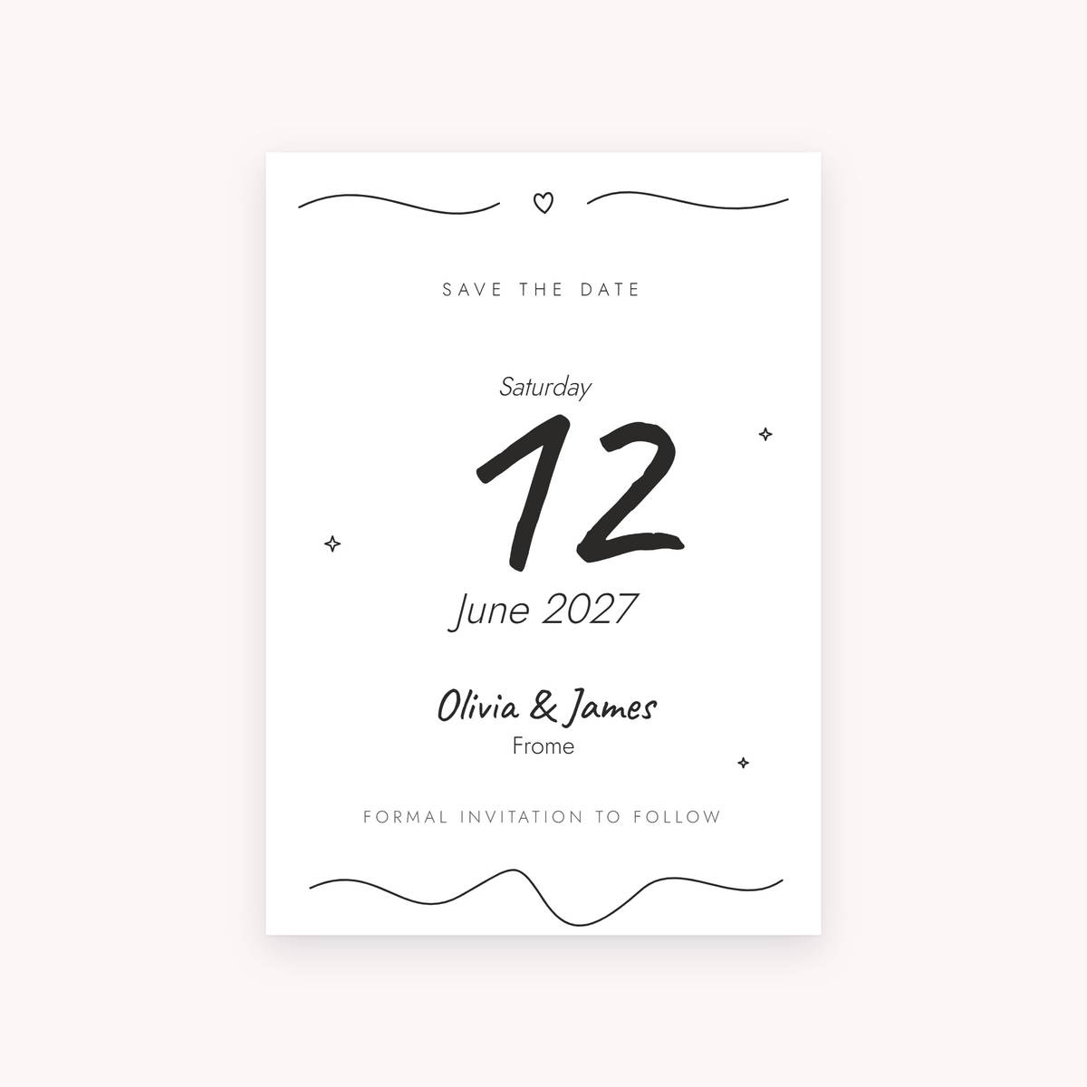 Scribble save the date, shown with the sample names Olivia & James