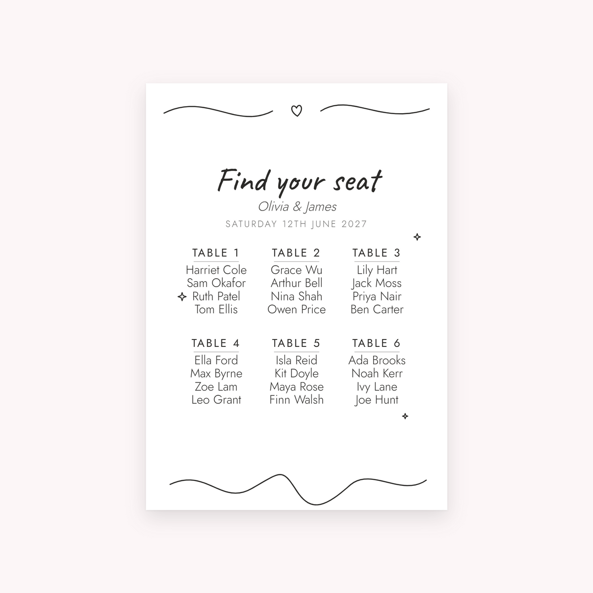 Scribble seating plan, shown with the sample names Olivia & James