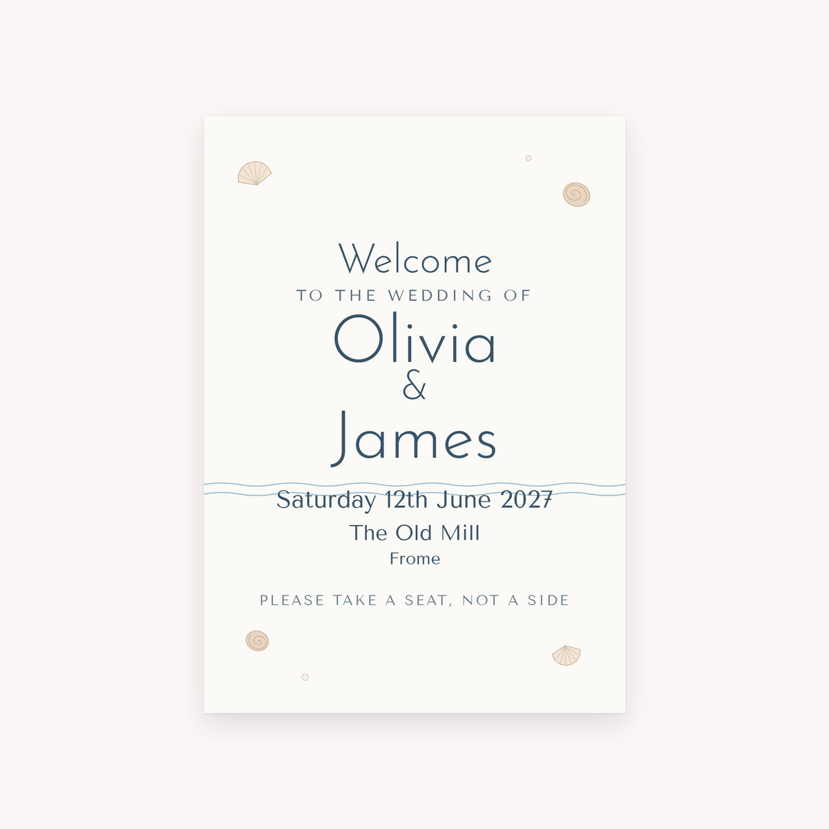 Shoreline A1 sign, shown with the sample names Olivia & James