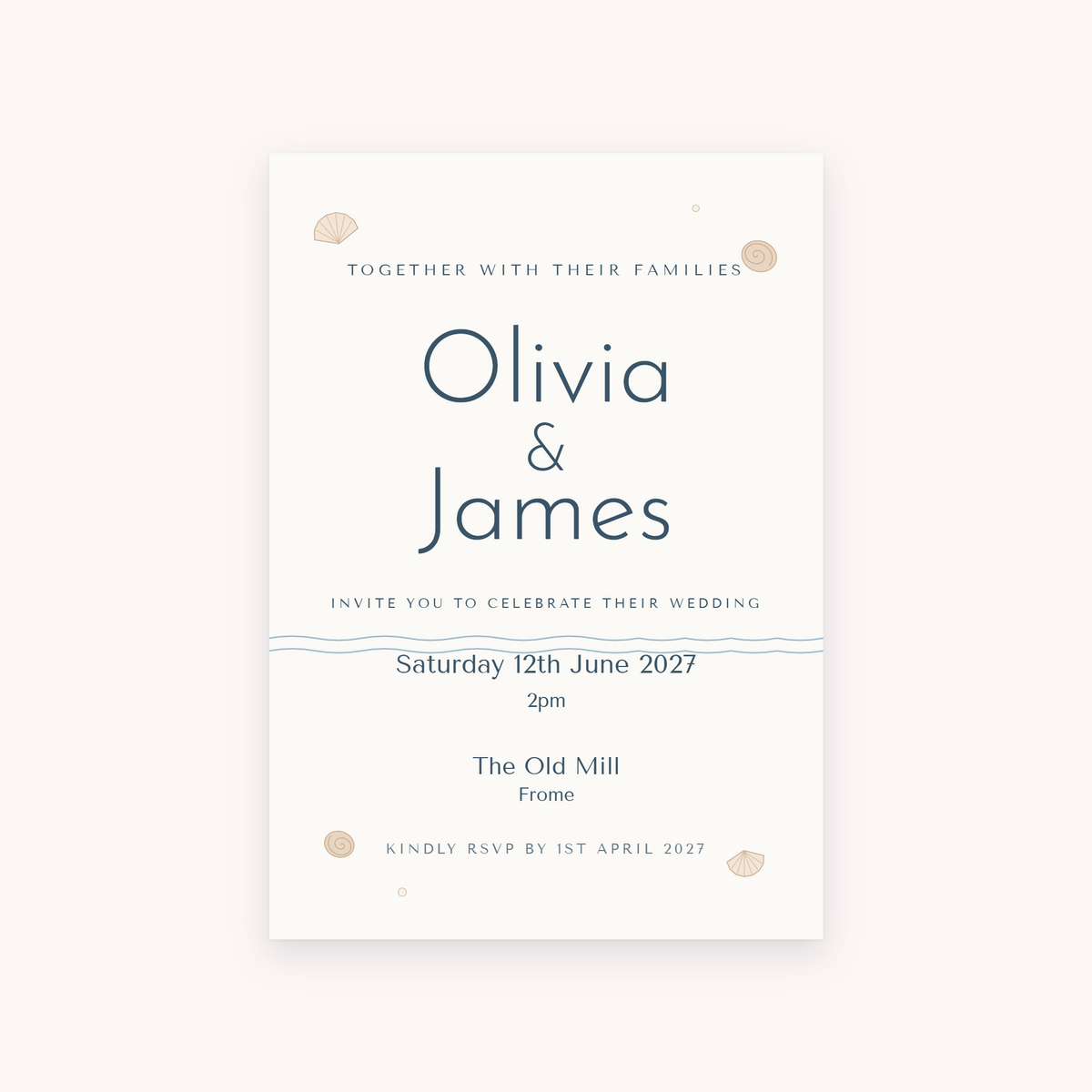 Shoreline invitation, shown with the sample names Olivia & James