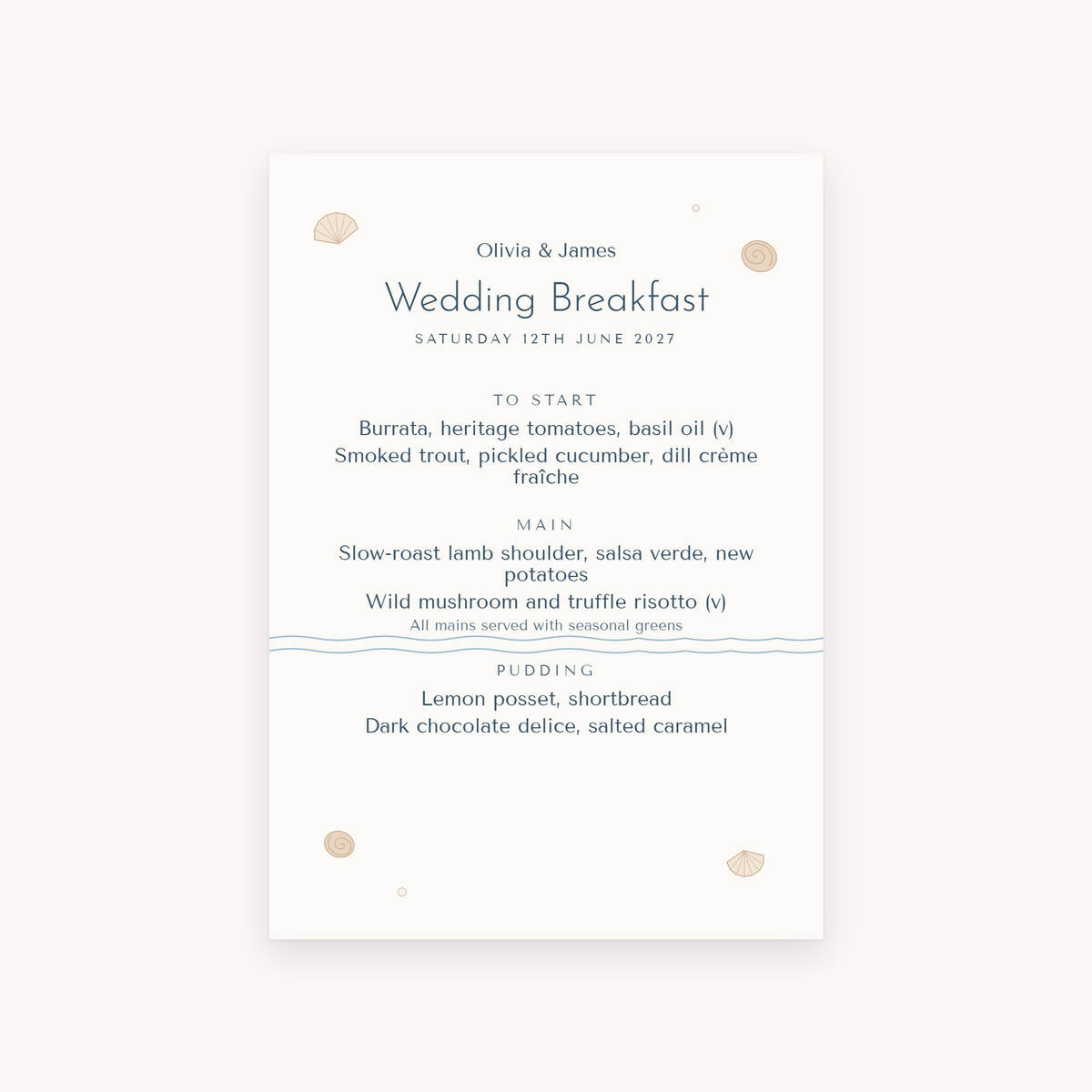 Shoreline menu, shown with the sample names Olivia & James