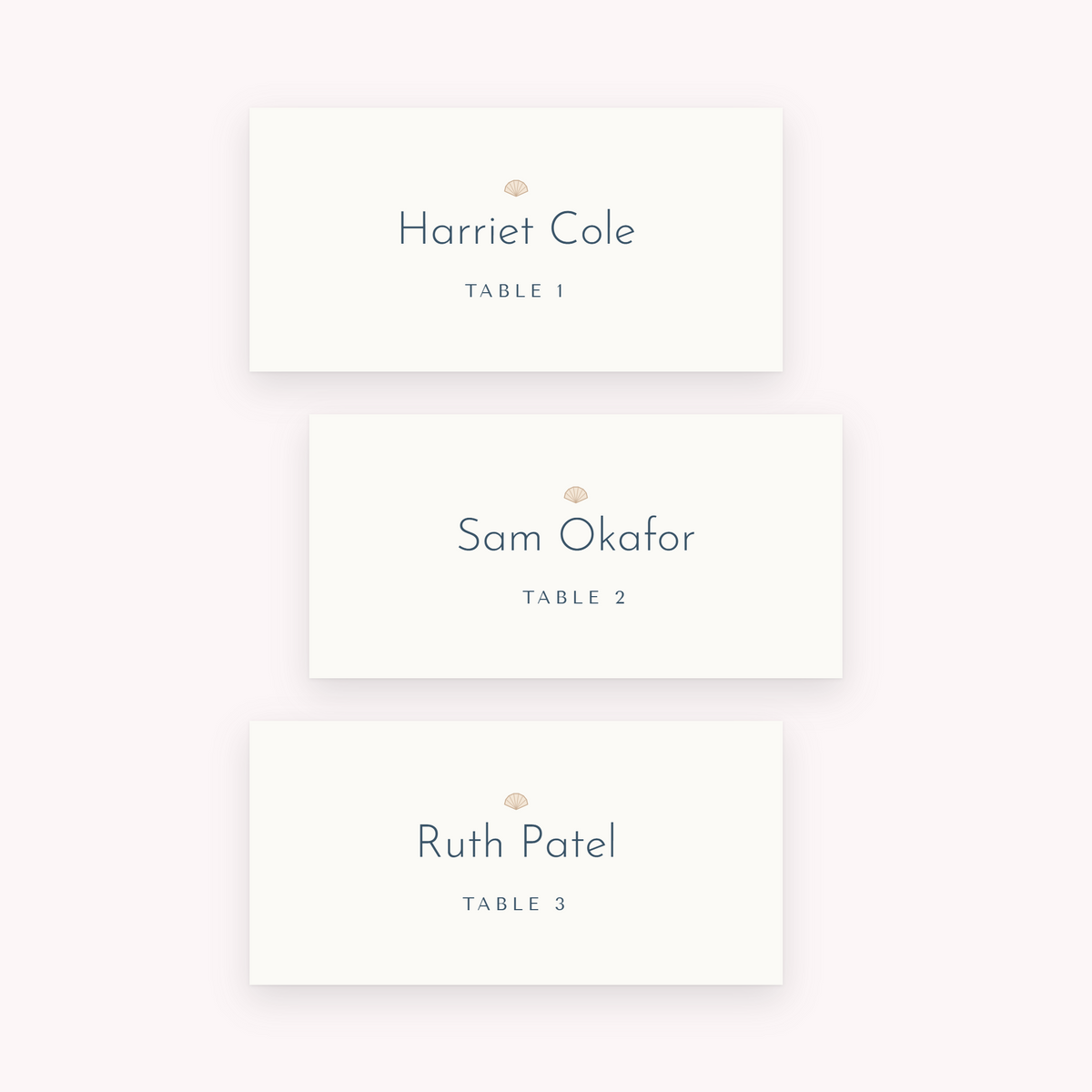 Shoreline place cards, shown with the sample names Olivia & James