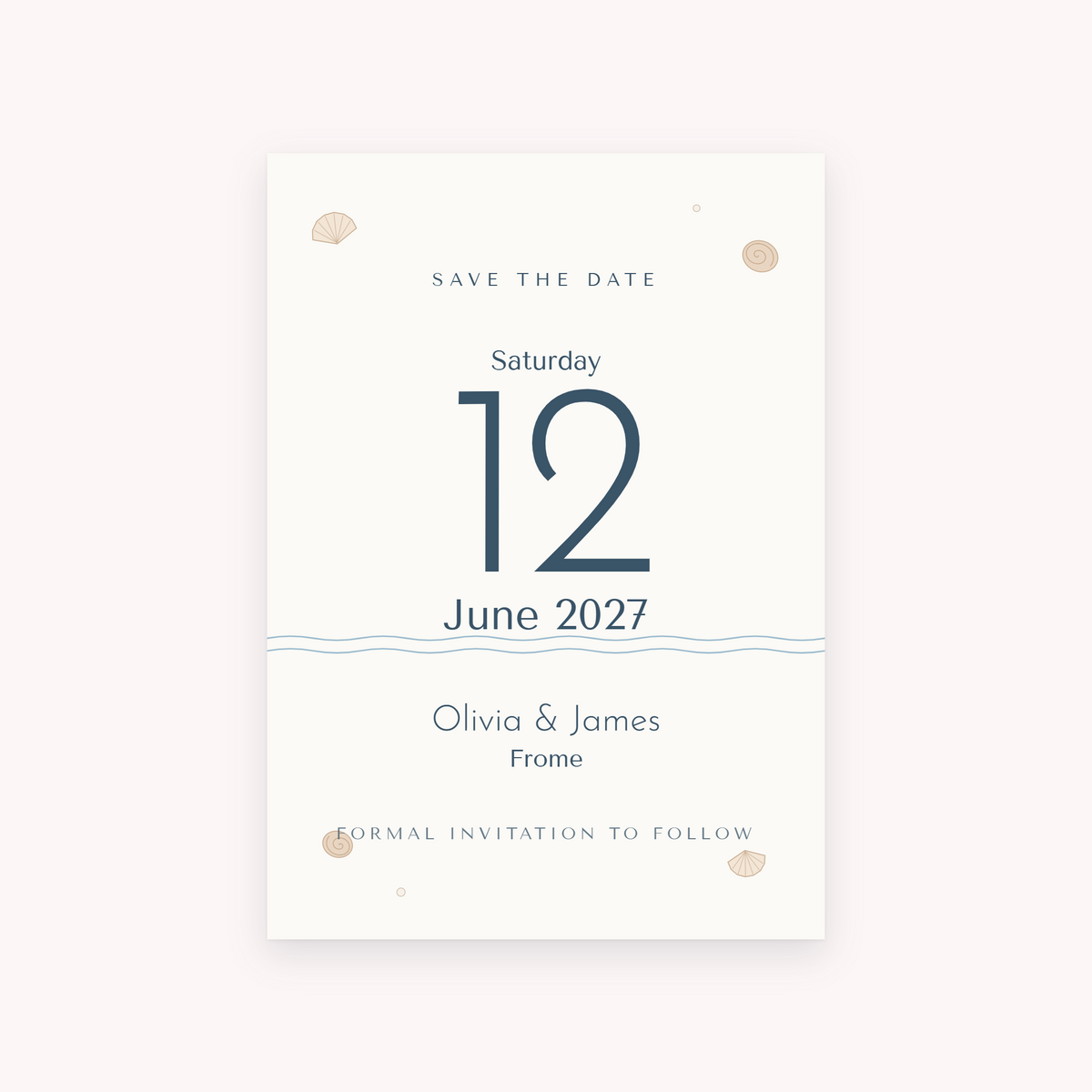 Shoreline save the date, shown with the sample names Olivia & James