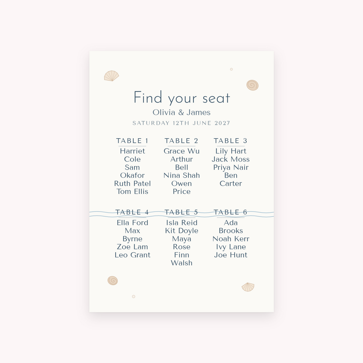 Shoreline seating plan, shown with the sample names Olivia & James