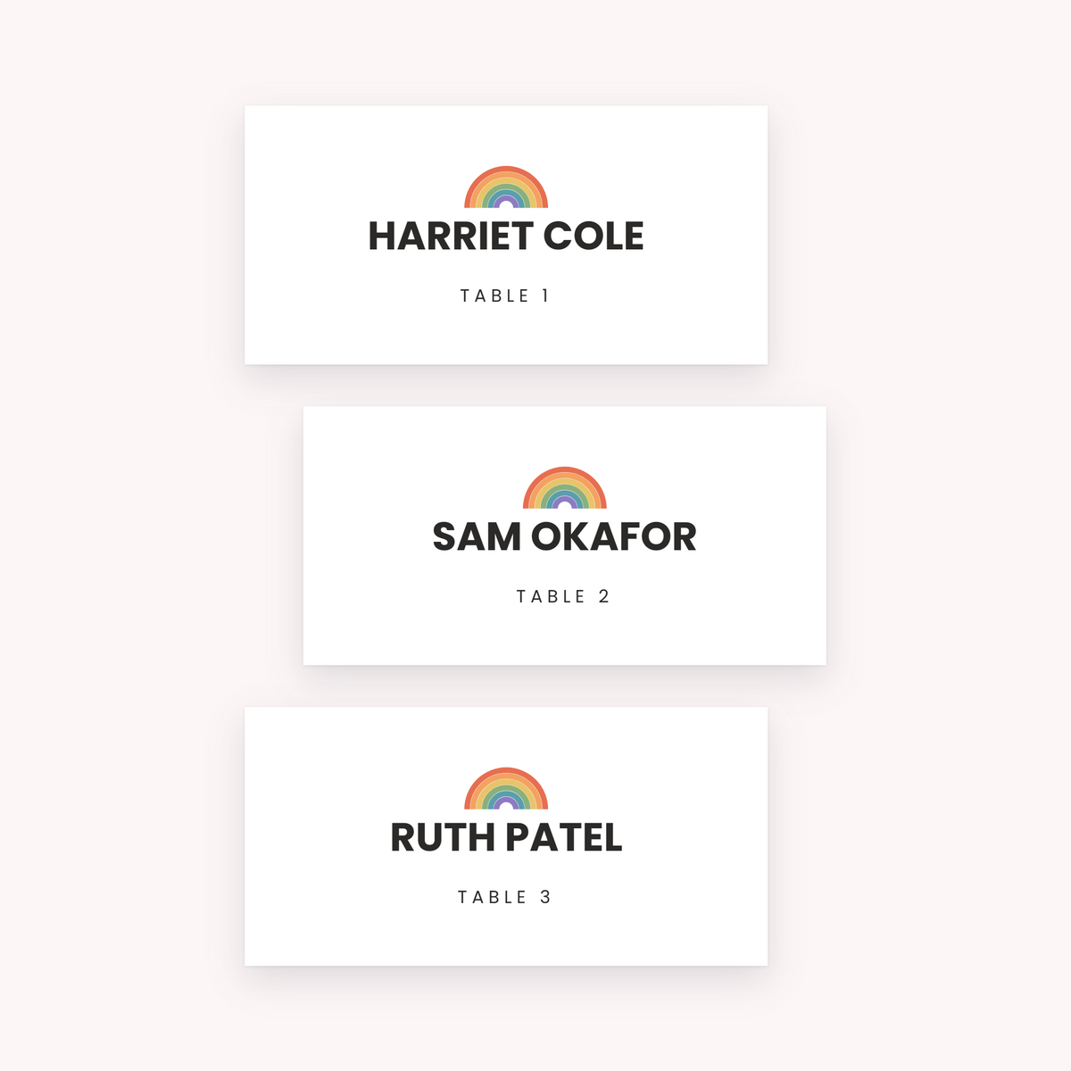 Spectrum place cards, shown with the sample names Olivia & James
