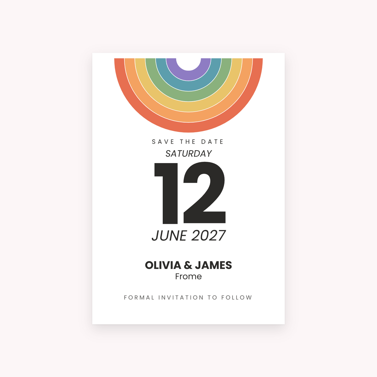 Spectrum save the date, shown with the sample names Olivia & James