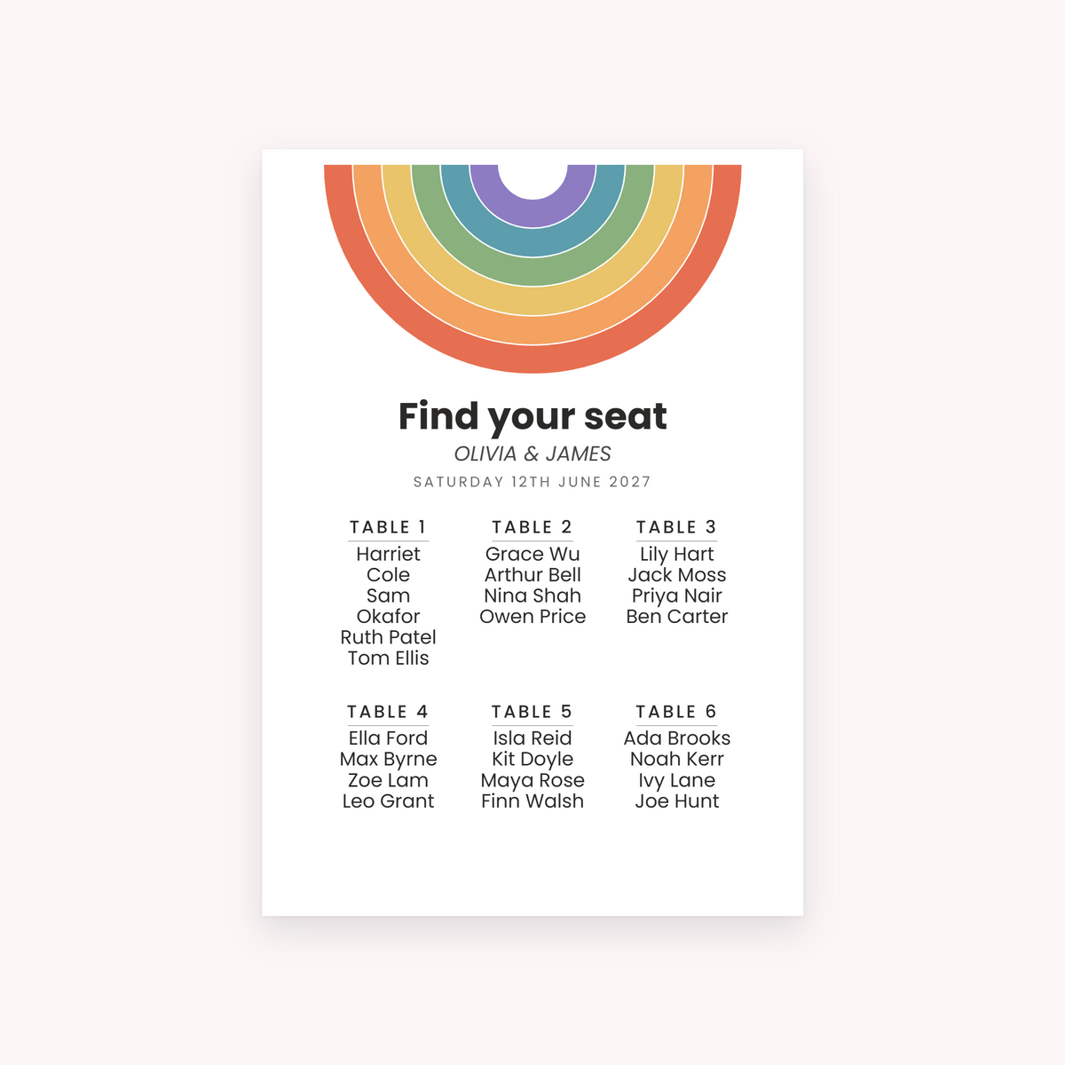 Spectrum seating plan, shown with the sample names Olivia & James