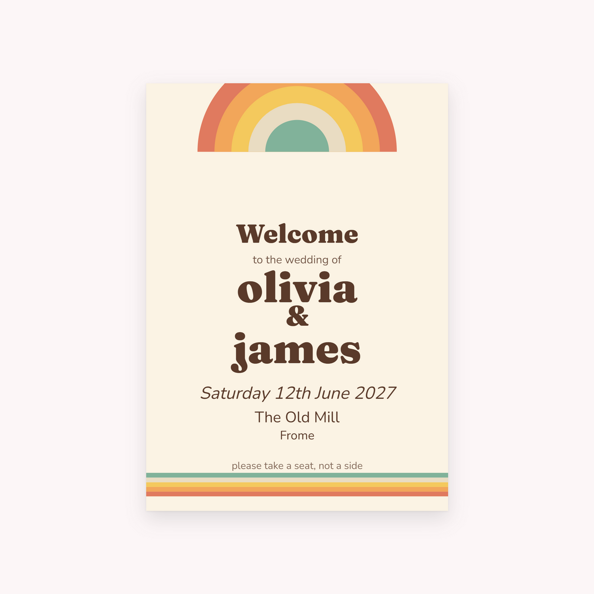 Sunset A1 sign, shown with the sample names Olivia & James