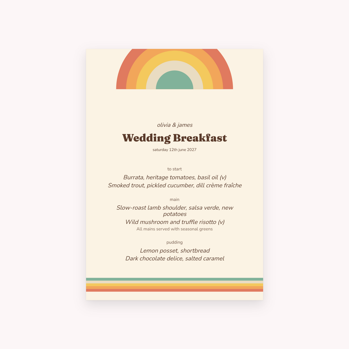 Sunset menu, shown with the sample names Olivia & James