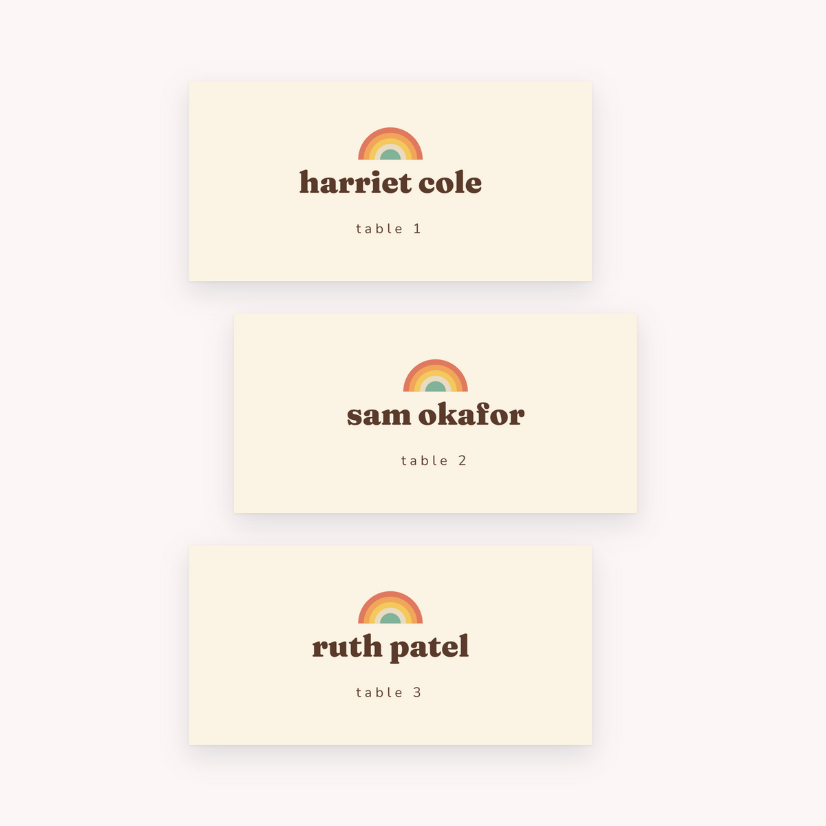 Sunset place cards, shown with the sample names Olivia & James