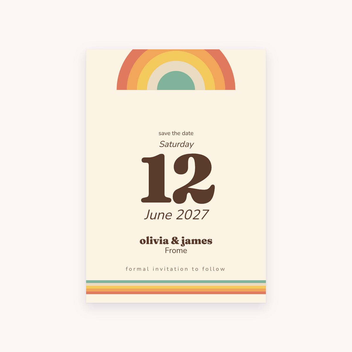 Sunset save the date, shown with the sample names Olivia & James