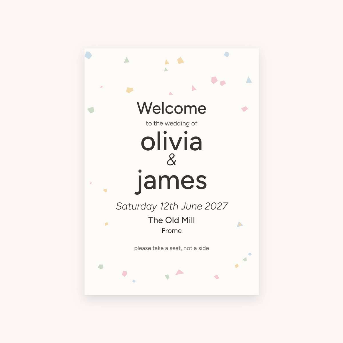 Terrazzo A1 sign, shown with the sample names Olivia & James