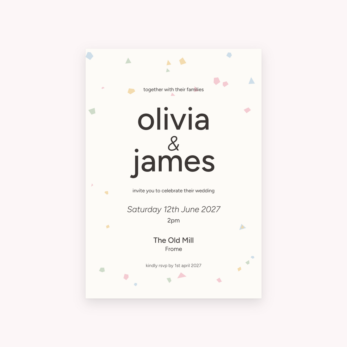 Terrazzo invitation, shown with the sample names Olivia & James