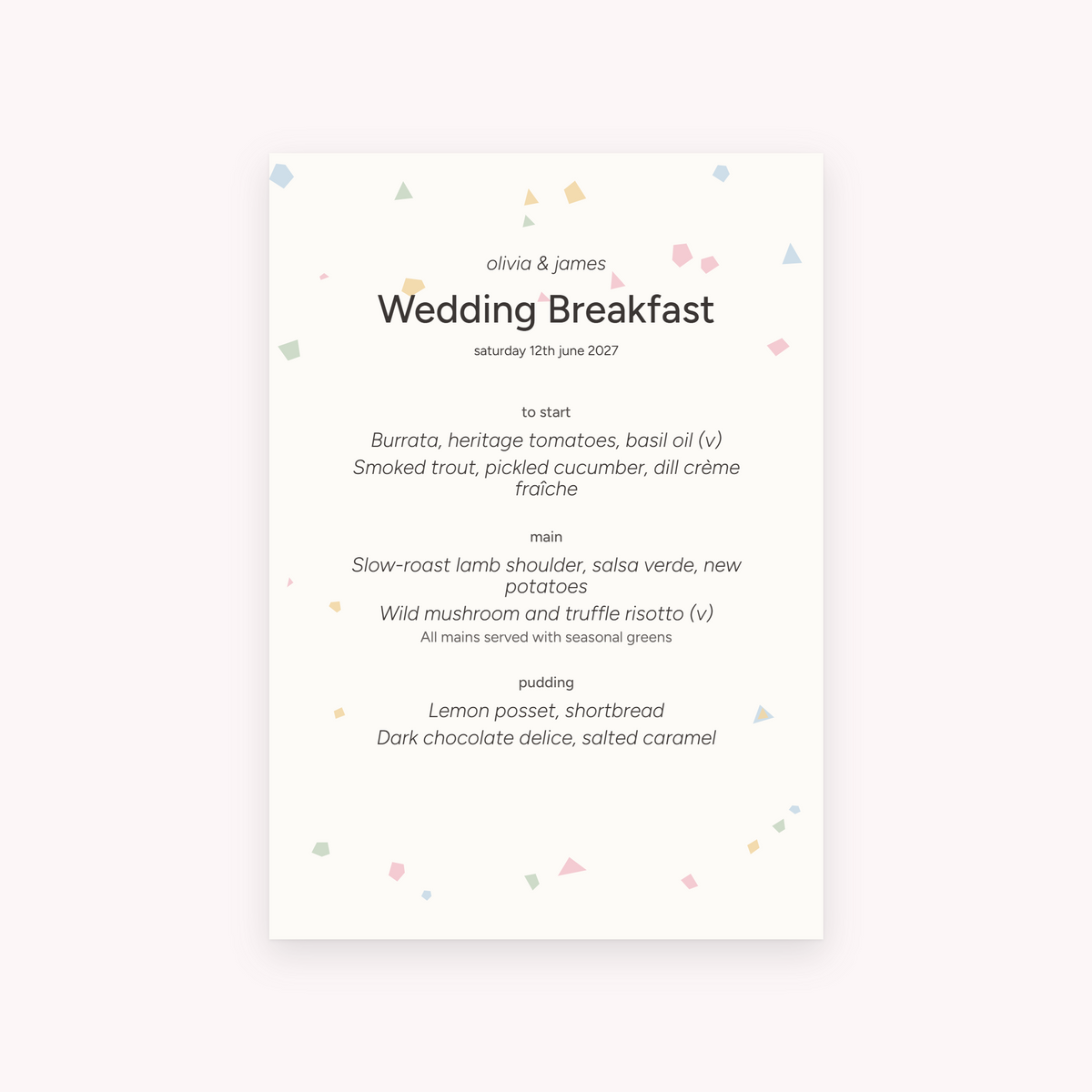 Terrazzo menu, shown with the sample names Olivia & James