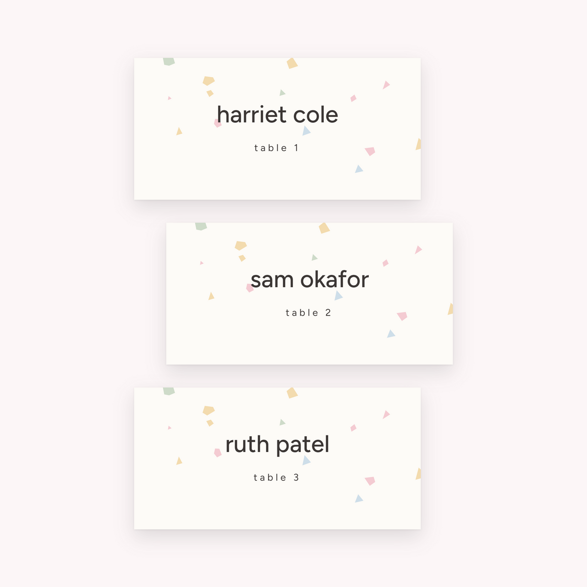 Terrazzo place cards, shown with the sample names Olivia & James