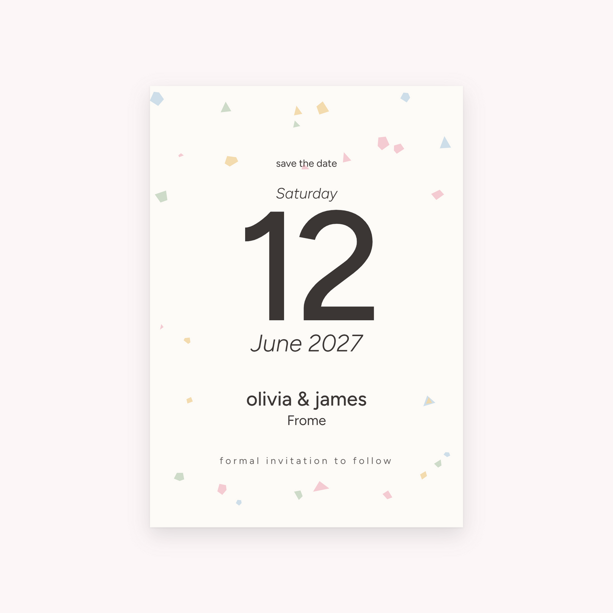 Terrazzo save the date, shown with the sample names Olivia & James