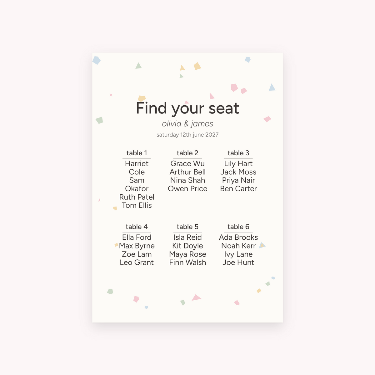 Terrazzo seating plan, shown with the sample names Olivia & James