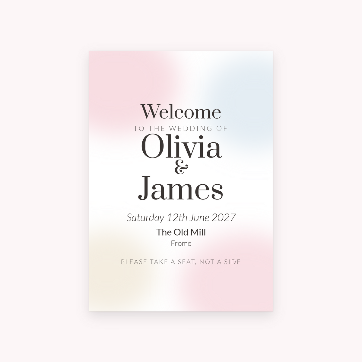 Wash A1 sign, shown with the sample names Olivia & James